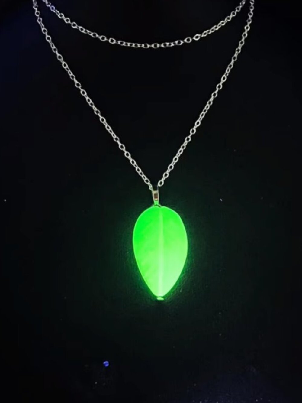 Handmade Uranium Glass Blue-Green Leaf Pendant Necklace With Reclaimed Bead UV